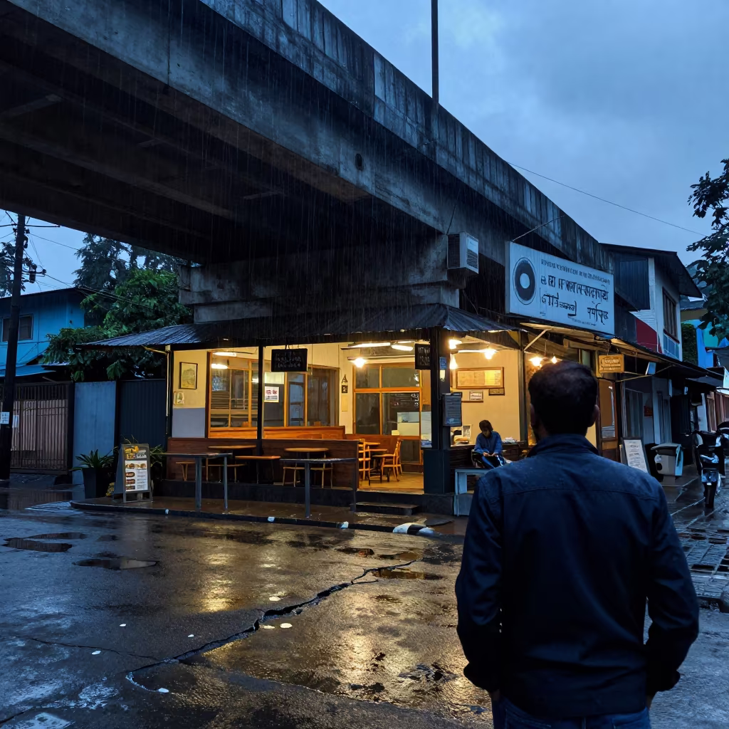 Rain Drips Underpass Shimla Blue Hour in outside a corner cafe in Shimla
