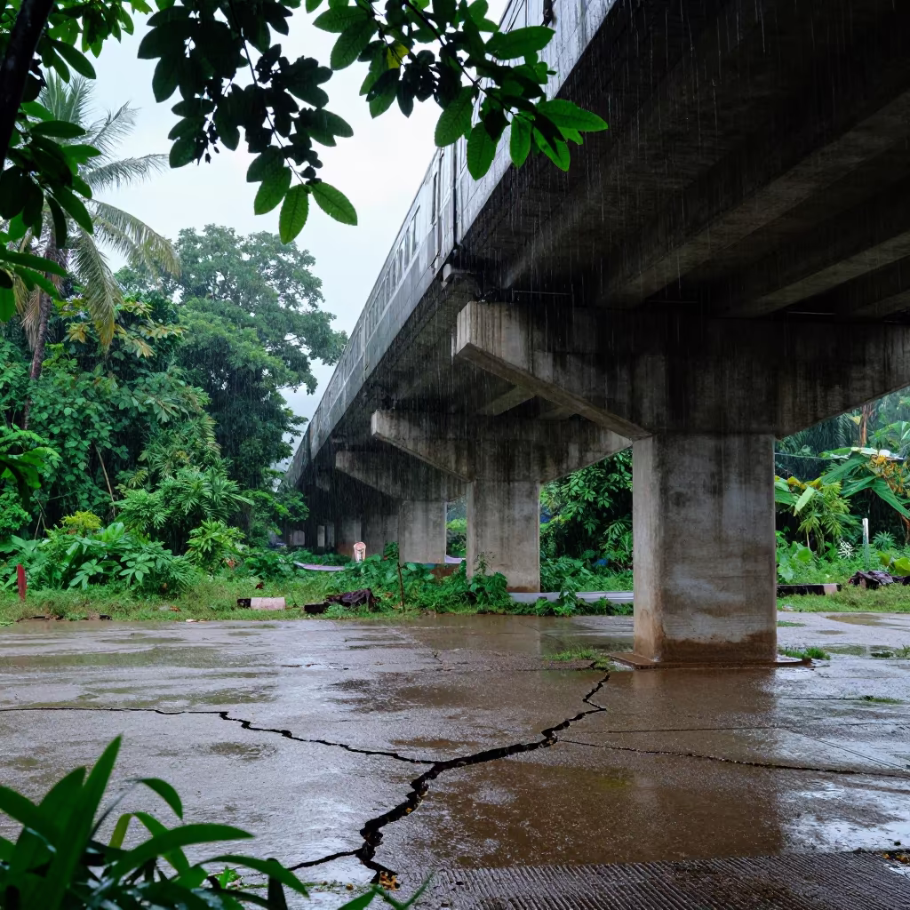 Rain Drips from Underpass in Varkala Wet Season in under an elevated train line in Varkala