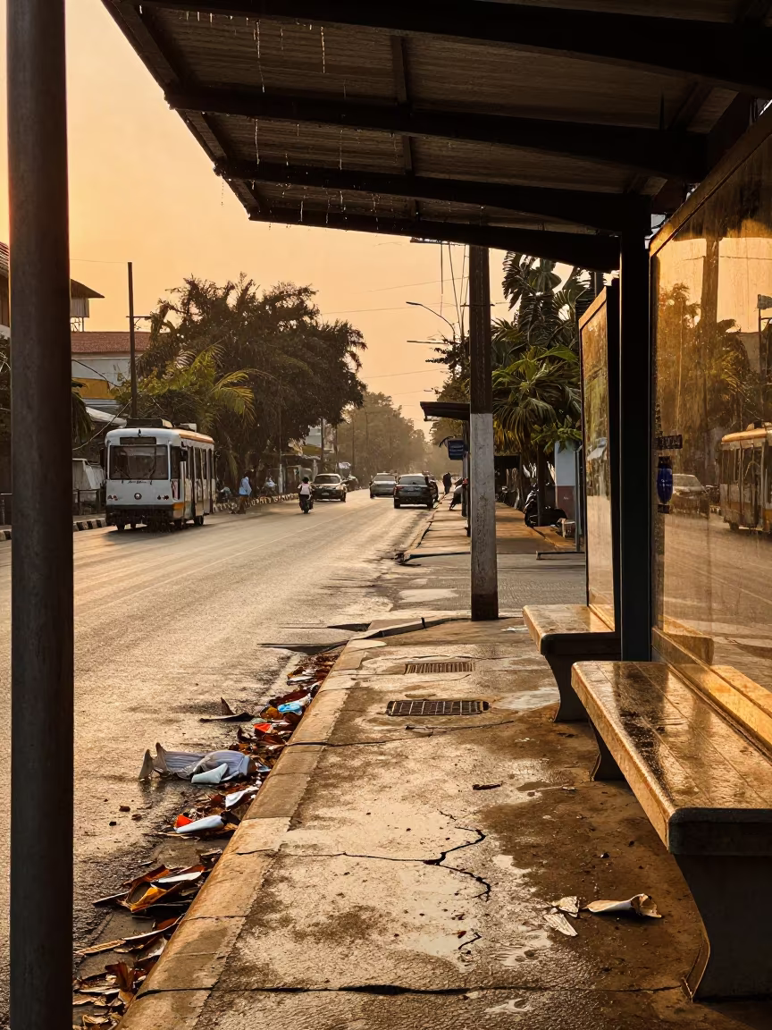 Rain Drips Underpass Yangon Tram Stop in at a tram stop in Yangon