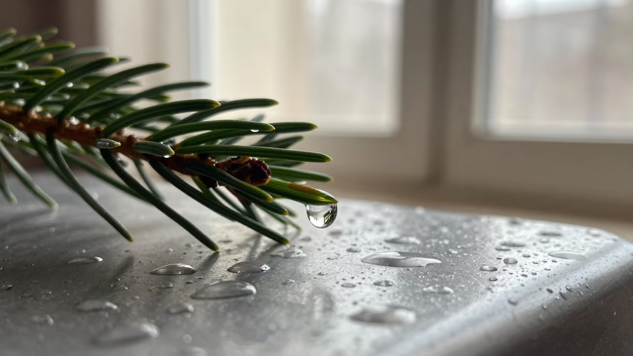 Rain Droplet on Pine Needle in Kosti Room in across a rain-beaded metal surface in Kosti