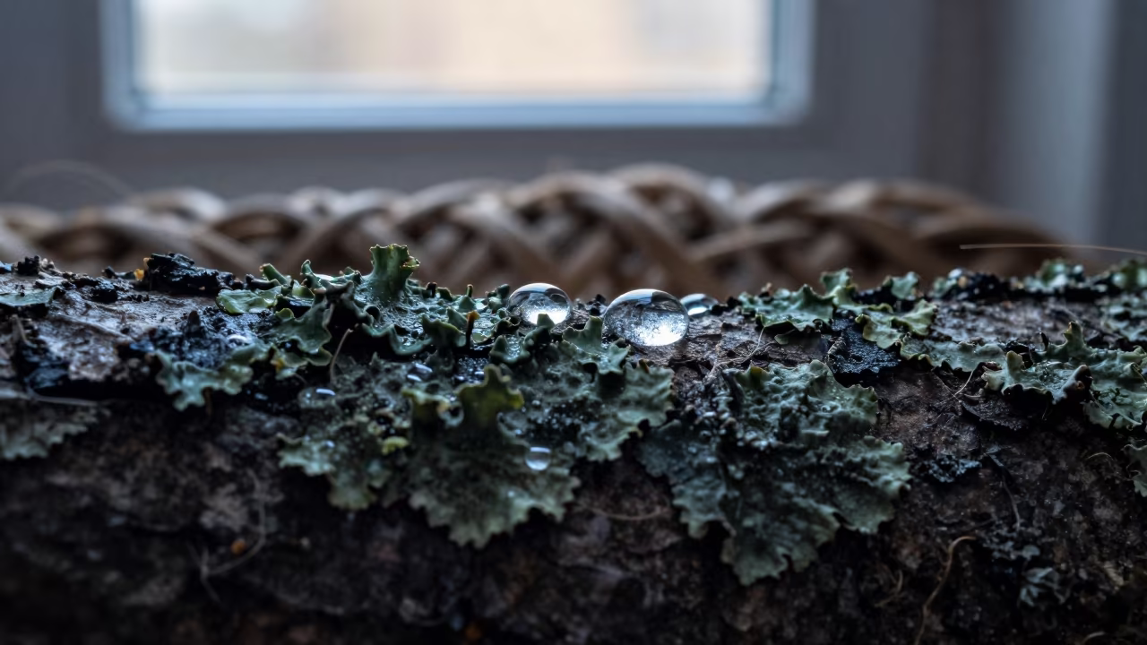 Rain Droplets on Lichen Bark in Winter Light in against woven linen fibers in Chiniot