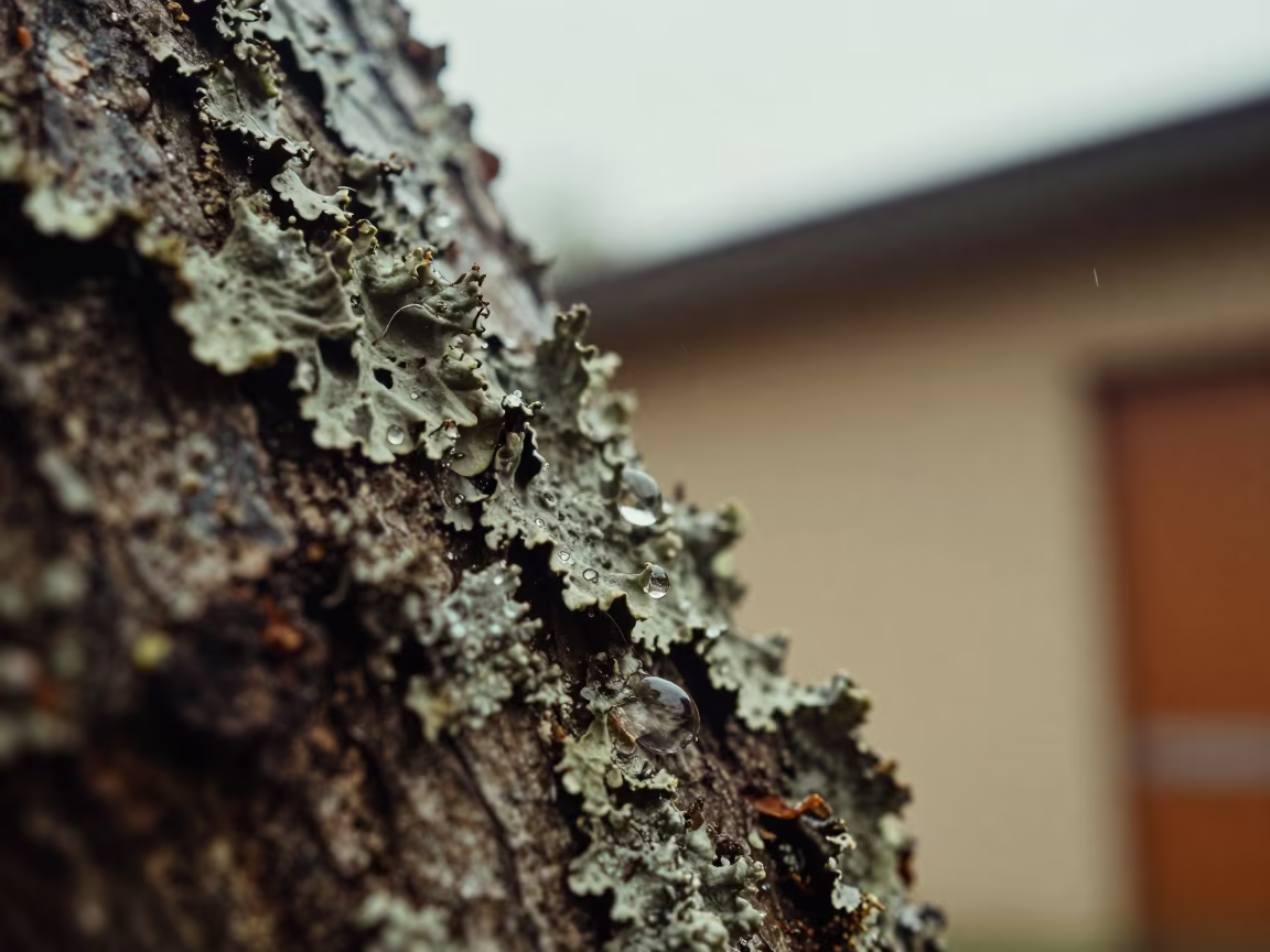 Rain Droplets on Lichen Bark in across a rain-beaded metal surface in Kinshasa