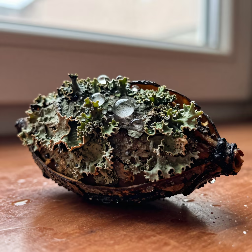 Rain Droplets on Lichen Inside Seed Pod in inside a seed pod split open in Berbera