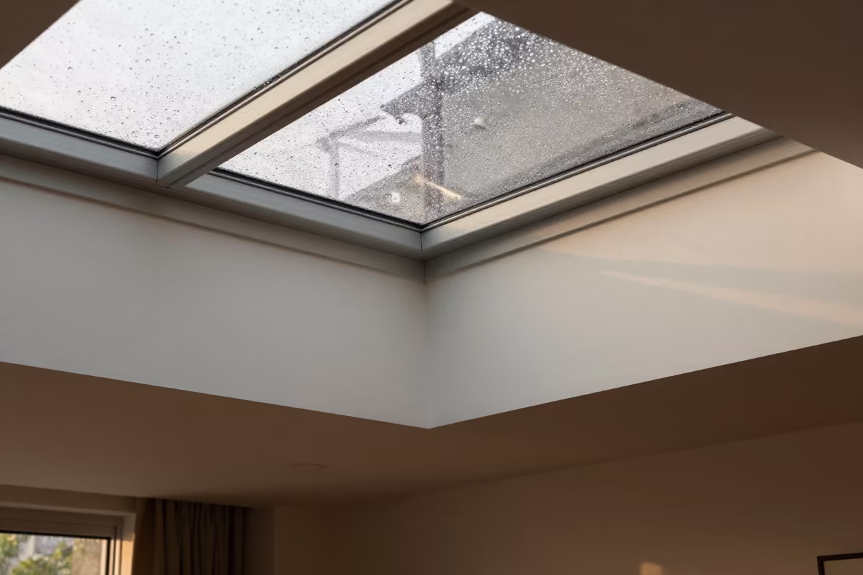 Rain Droplets on Skylight Over Living Room in on a pier railing in Cagua