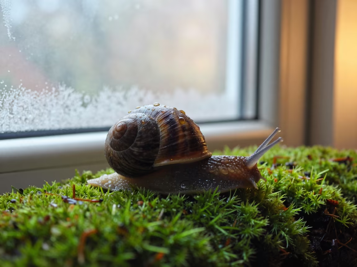 Rain Droplets on Snail Shell Moss in along a frost-edged windowpane in Udu