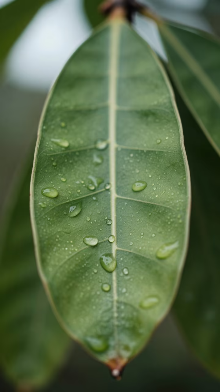 Rain Droplets on Waxy Leaf Inside Seed Pod in inside a seed pod split open in Honiara