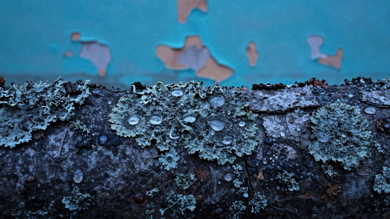 Rain Drops on Lichen Turquoise Bark Szeged in against weathered turquoise paint near Szeged