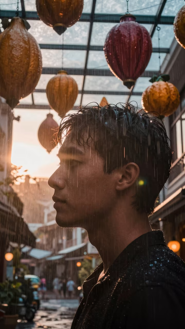 Rain Face Silhouette Under Copper Arcade Sky in inside a glass-roofed arcade in Krabi