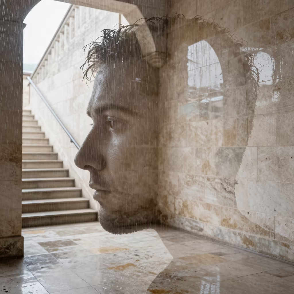Rain Face Silhouette Double Exposure Gjirokaster Stair Hall in inside a tiled stair hall in Gjirokaster