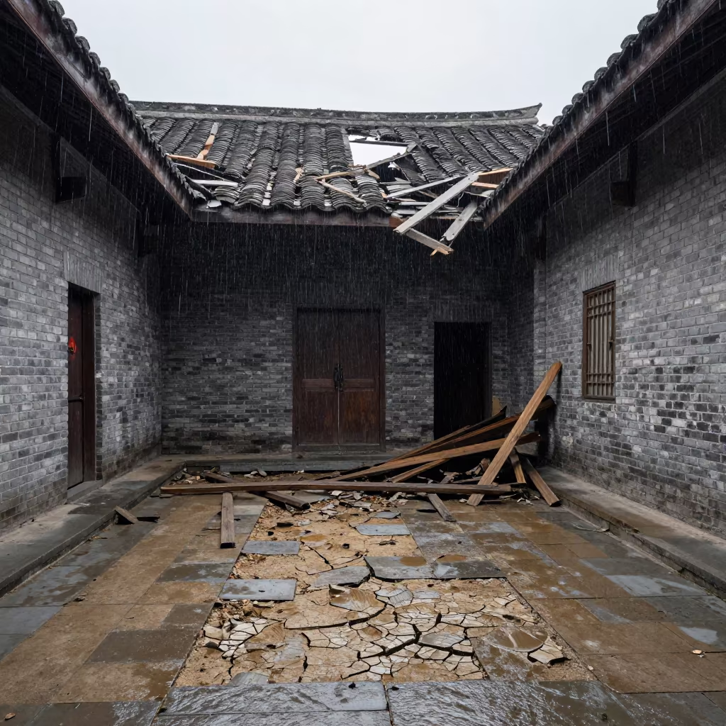 Rain Falling Through Crumbling Roof in Chengdu Courtyard in near Chunxi Road, Chengdu