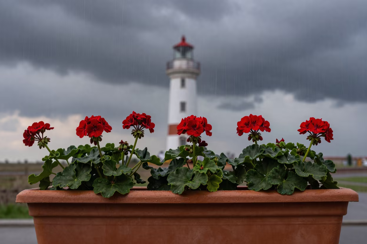Rain Falling on Geranium Window Box Dawn in beneath fast-moving cloud bands in Uzbekistan