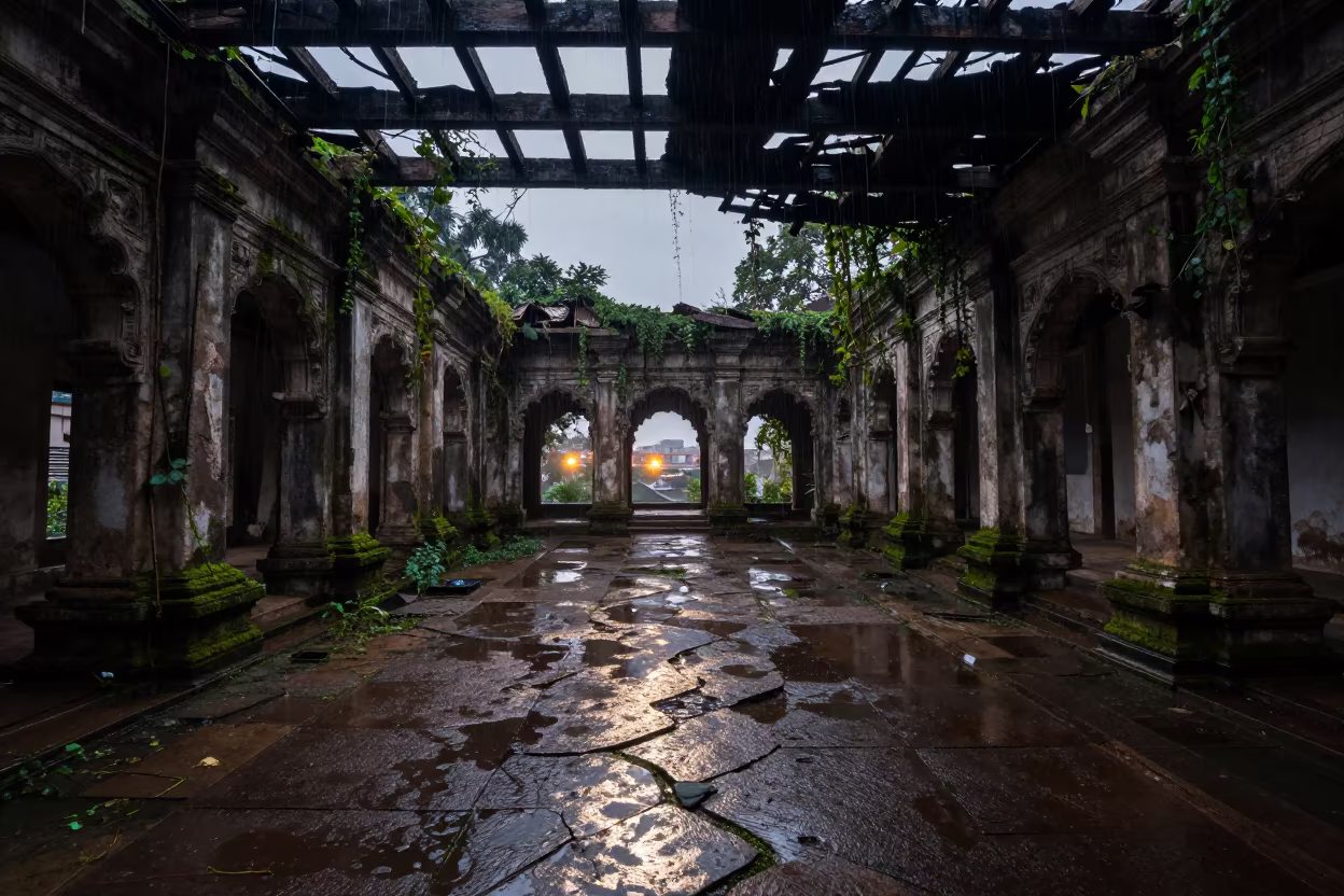 Rain Falls Through Ruined Courtyard Near Guwahati in through an abandoned ceremonial court near Guwahati