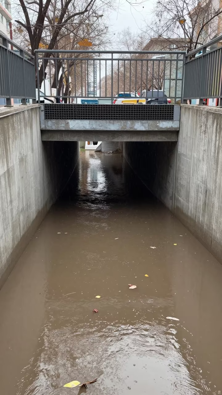 Rain-Flooded Metro Underpass in Ulaanbaatar in outside a metro entrance in Ulaanbaatar