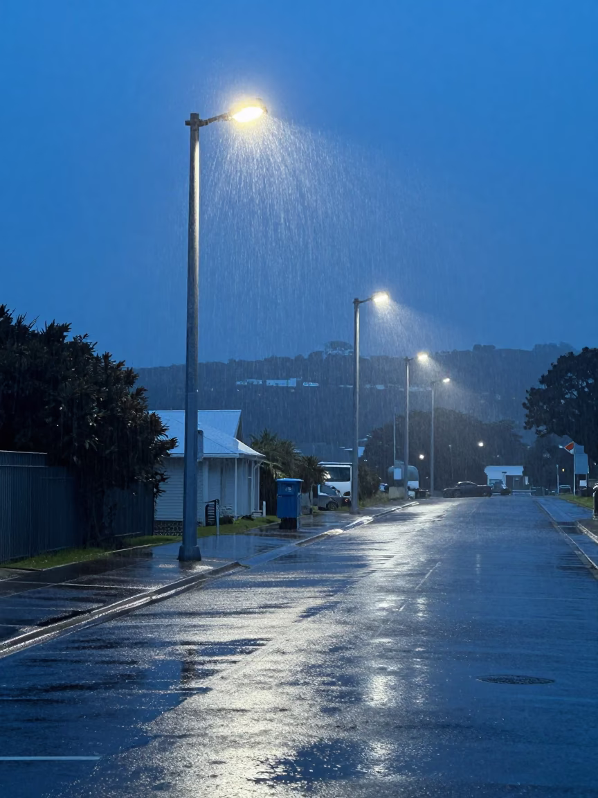 Rain Floodlights in Wellington at The Last Blue Light Of Evening in in Wellington, New Zealand