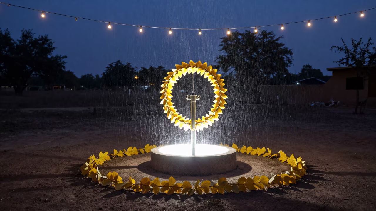 Rain Gauge Glows Under String Lights in near Beawar