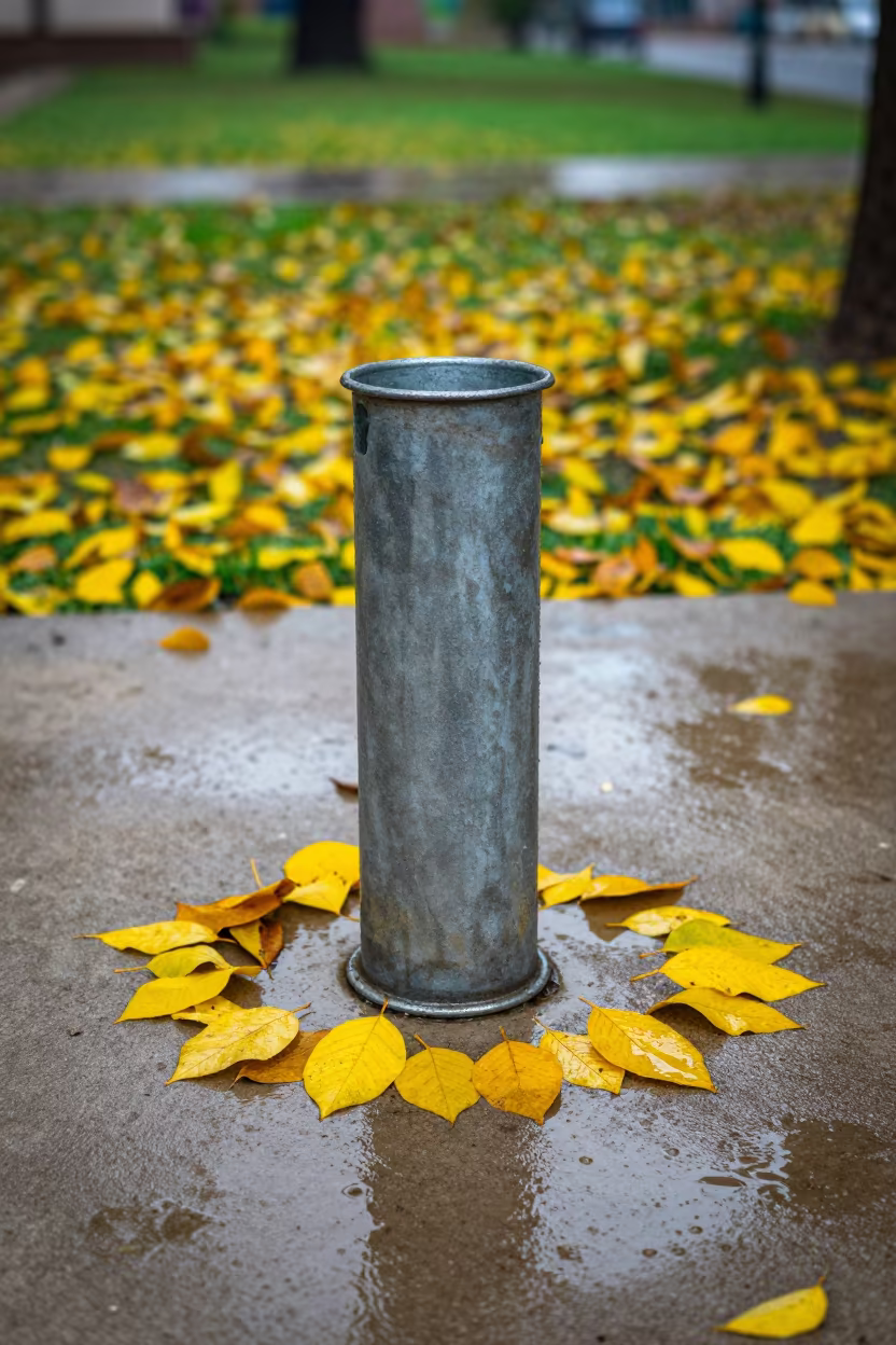 Rain Gauge Ringed by Yellow Leaves After Squall in near Faisalabad