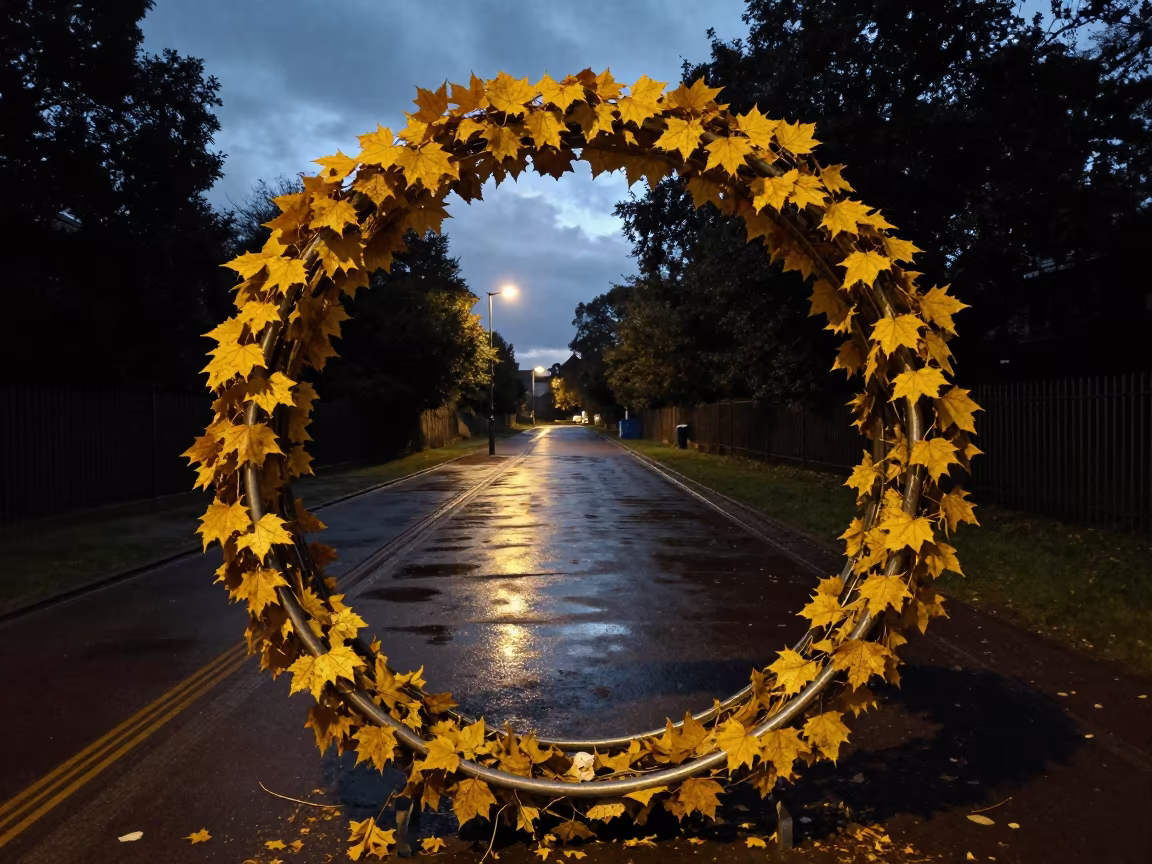 Rain Gauge Ringed by Yellow Leaves in Predawn Nottingham in in Nottingham