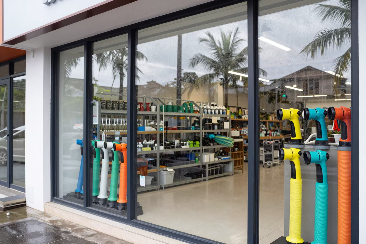Rain on Glass Garden Hose Nozzles Ningbo in along a storefront glass line on a wet street in Ningbo