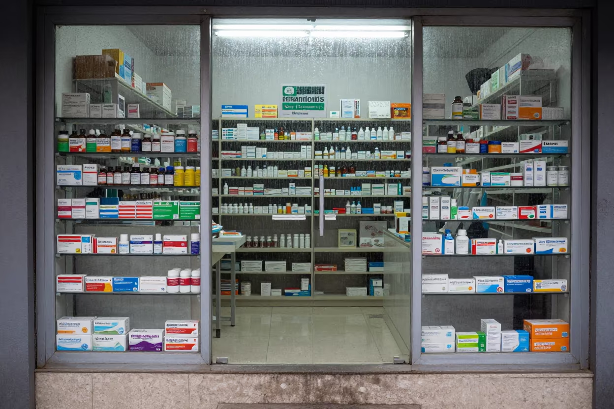 Rain on Glass Pharmacy Shelf Before Dawn in outside a shop window after rain near Lucknow