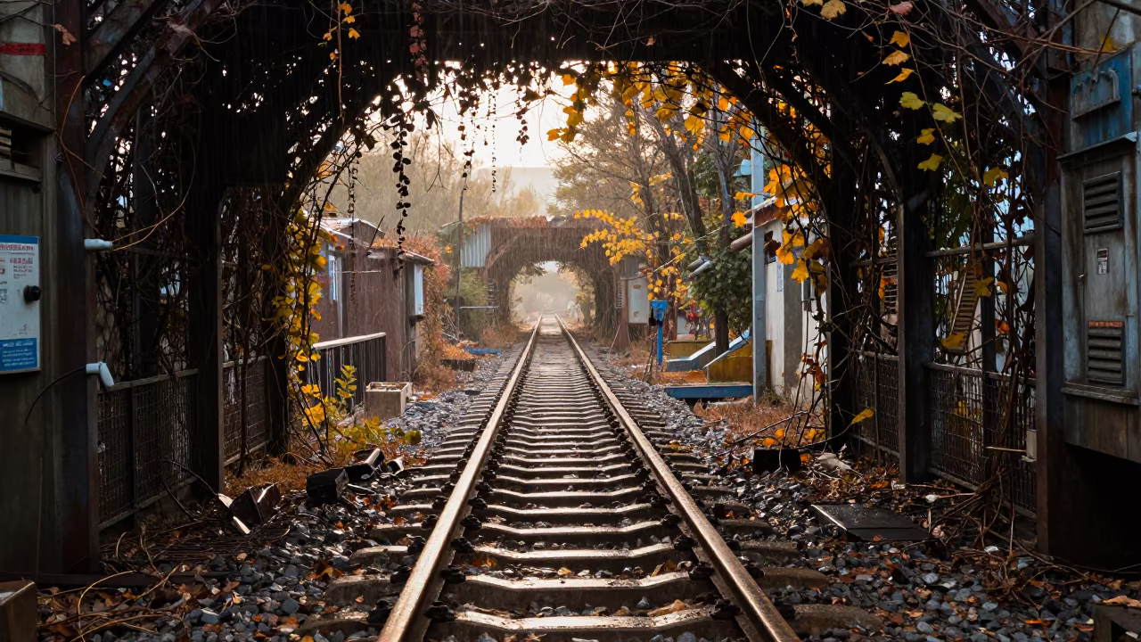 Rain Glint on Mine Rails Autumn North Korea in along a vine-choked corridor in North Korea