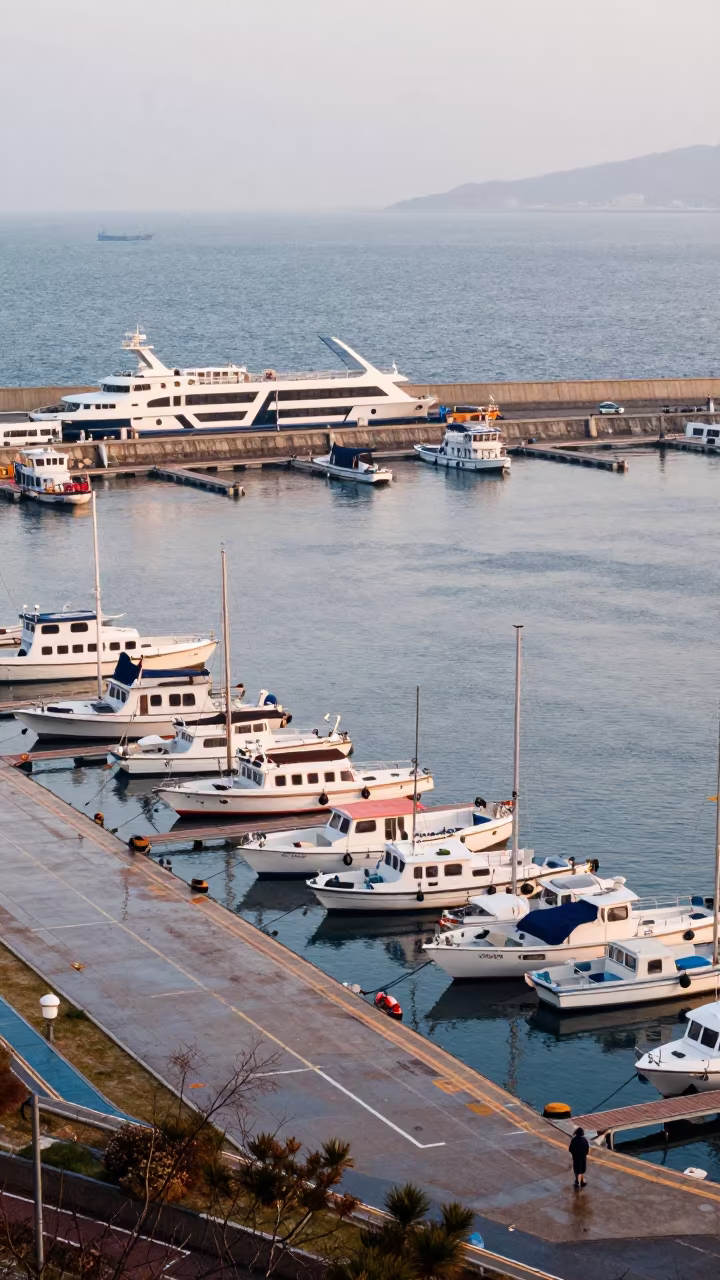 Rain-Harbor Ferry Seomyeon Spring Afternoon in across a remote ferry crossing near Seomyeon, Busan