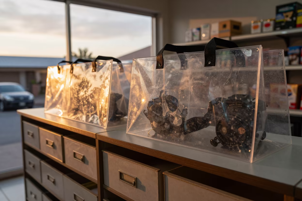 Rain-hood bag on checkout counter with acrylic smudges in at a checkout lane under flat store light near Esmeraldas
