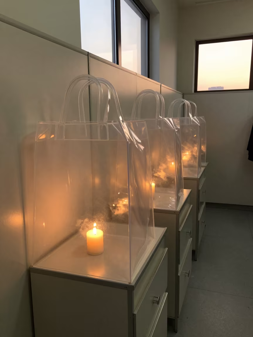 Rain-hood Bag with Forms in Manama Corridor in inside a fitting room corridor in Manama