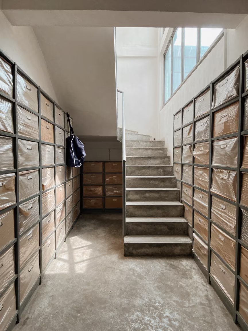 Rain-hood bag surreal stair in Surabaya stockroom in inside a stockroom behind the sales floor in Surabaya