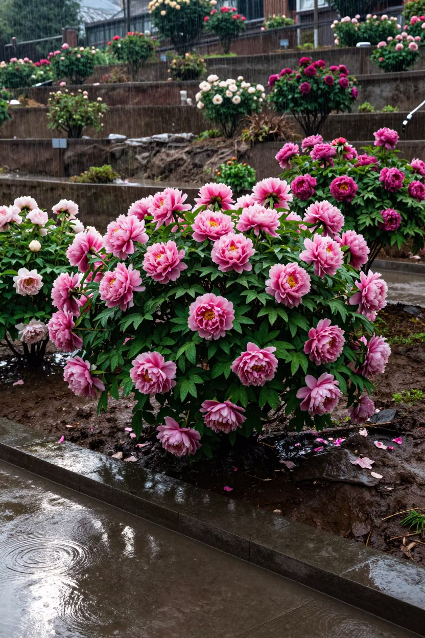 Rain-Loaded Pink Peonies in Chengdu Terraced Garden in among terraced garden plots near Chengdu