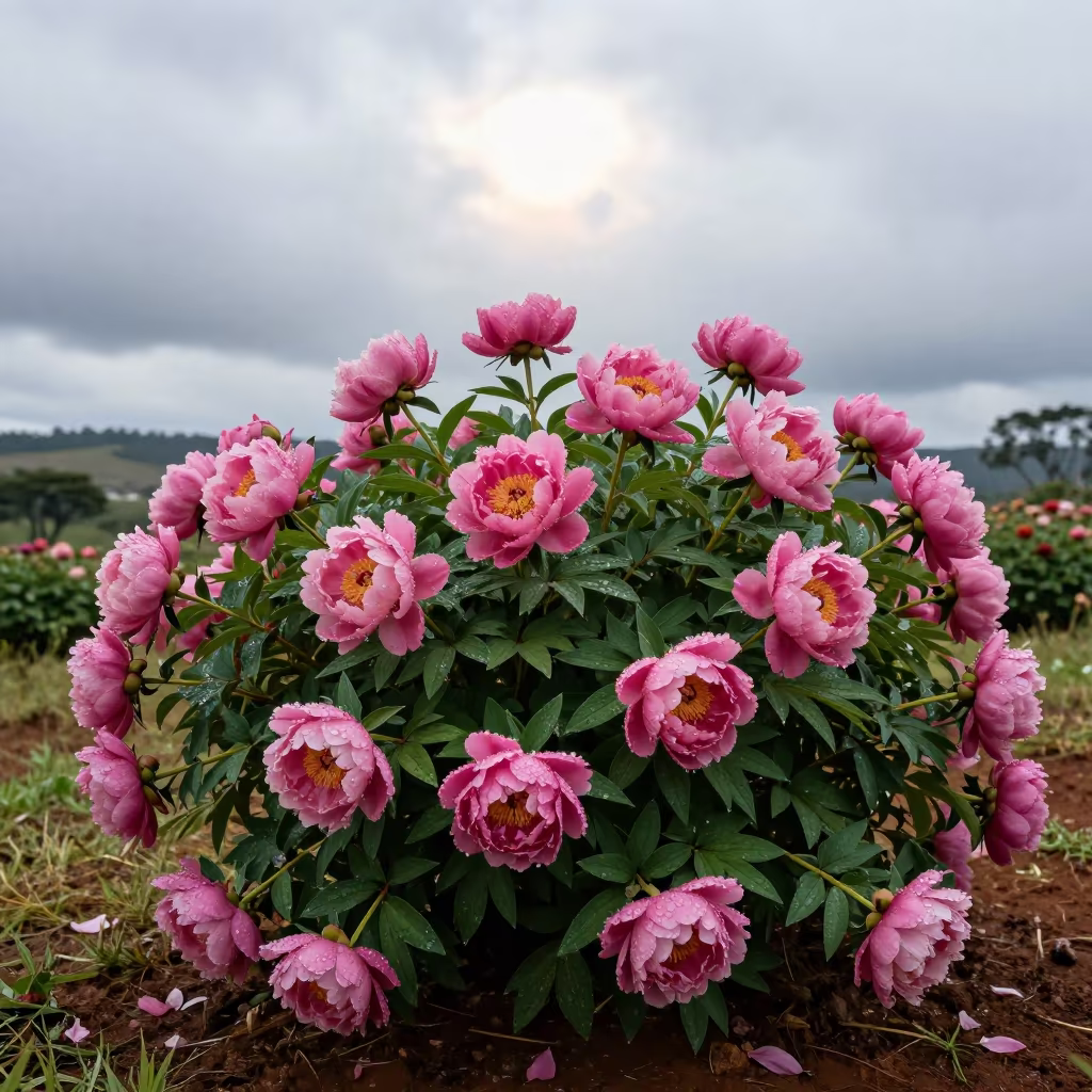 Rain-Loaded Pink Peony Bush in Goiania in near Goiania