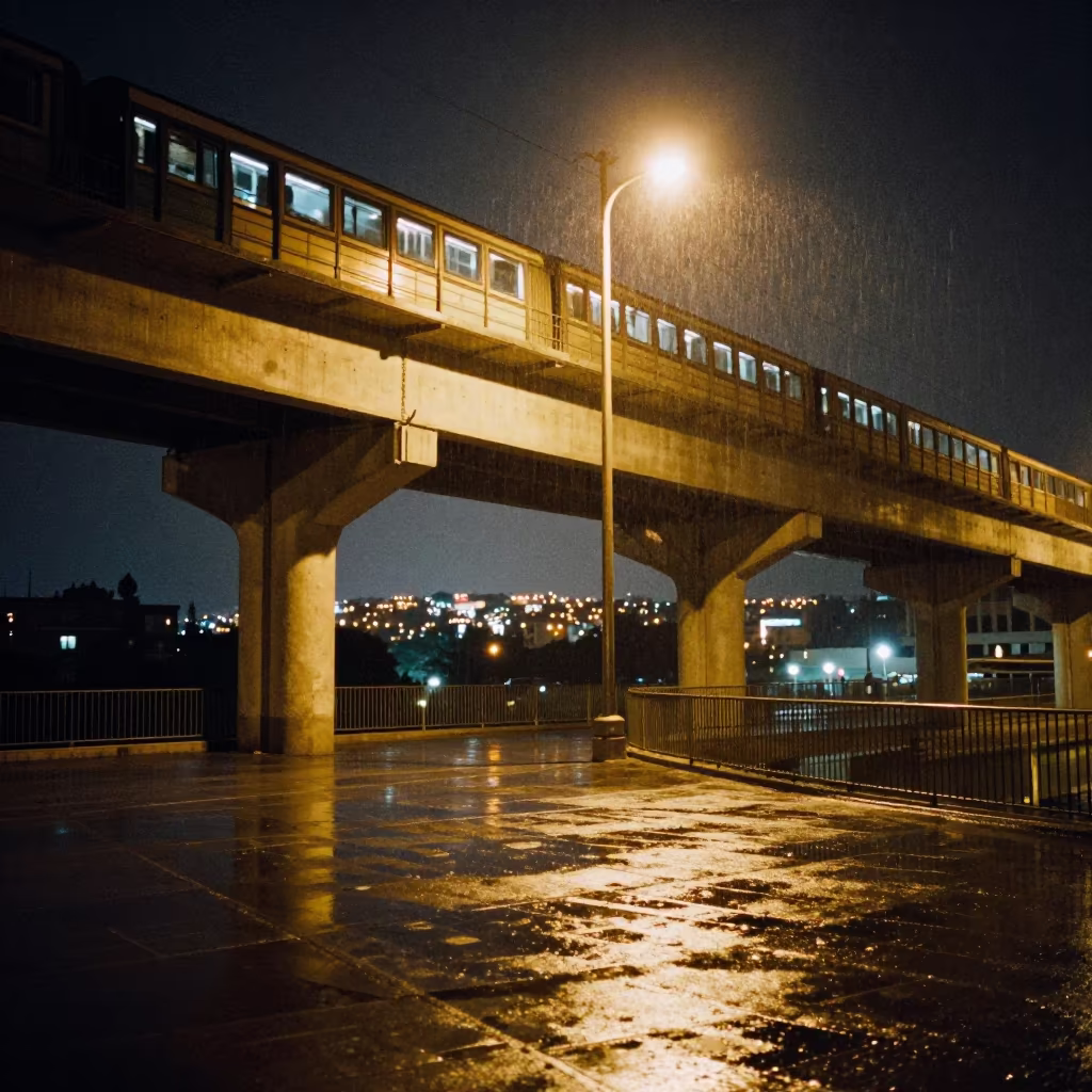 Rain Mirror Street Lamp Underpass Medina Marrakech in under an elevated train line in Medina, Marrakech