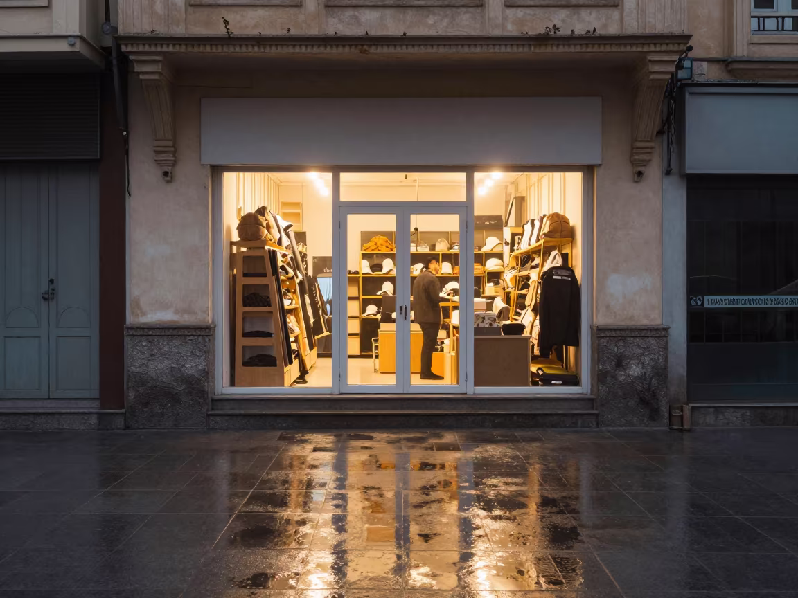 Rain Muted Display Cabinet Dawn Tehran Storefront in outside a lit retail frontage after dark in Enghelab, Tehran