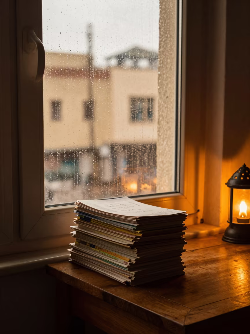 Rain-Muted Letter Stack by Rabat Window in beside a rain-streaked window in Rabat
