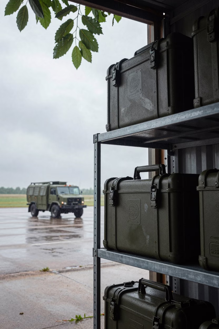 Rain Muted Radio Shelf Hangar Edge South Dakota in beside a convoy halt on open ground in South Dakota