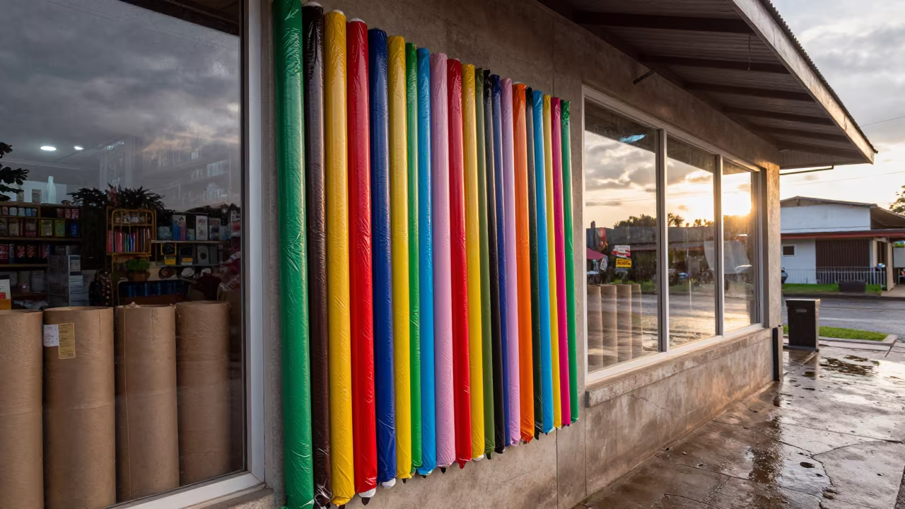 Rain-Muted Ribbon Wall at Arua Shop Sunrise in outside a shop window after rain in Arua