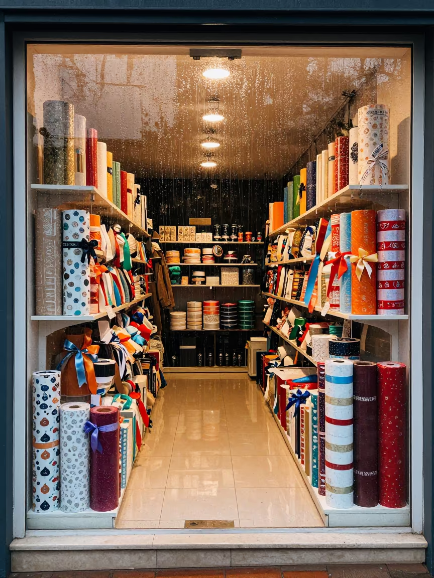 Rain Muted Ribbon Wall in Tarsus Storefront in along a storefront glass line on a wet street in Tarsus