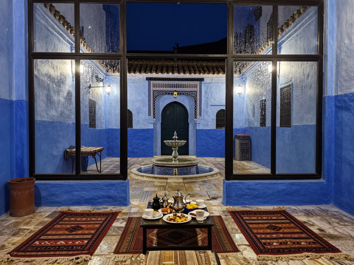 Rain on Glass Riad Breakfast Chefchaouen in in a courtyard prepared for breakfast service in Chefchaouen
