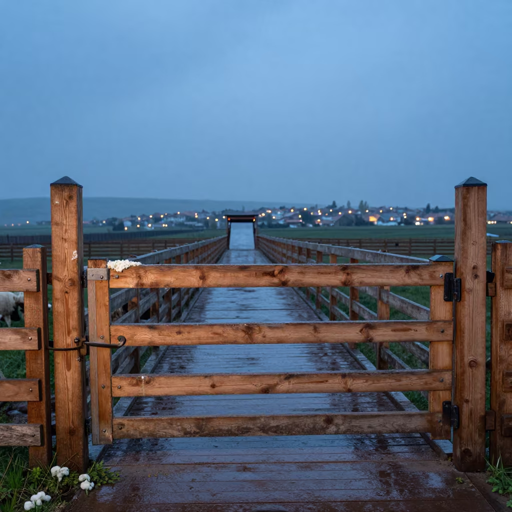 Rain on Turkish Sheep Sorting Alley at Dusk in at a stockyard loading ramp in Turkey