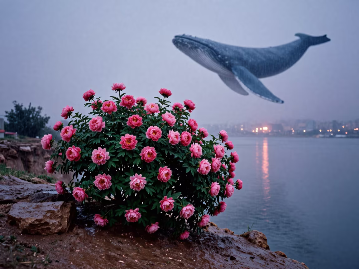 Rain Peonies Kabul Cliff Blue Whale Shadow in along a salt-sprayed cliff edge near Kabul