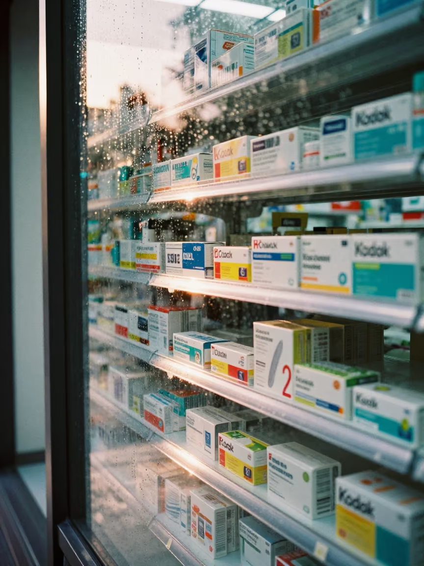 Rain on Pharmacy Glass in Fuzhou Afternoon in outside a lit retail frontage after dark in Fuzhou