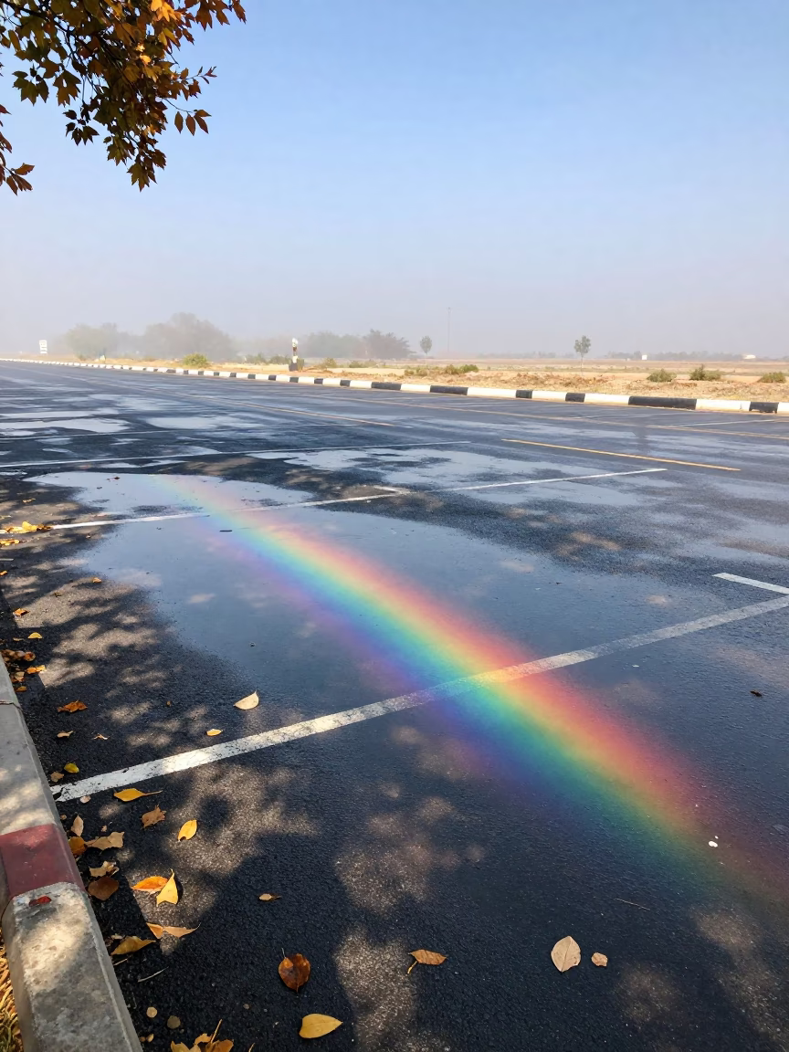 Rain Puddle Oil Slick Rainbow in Autumn Fog in through low marine fog near Quetta
