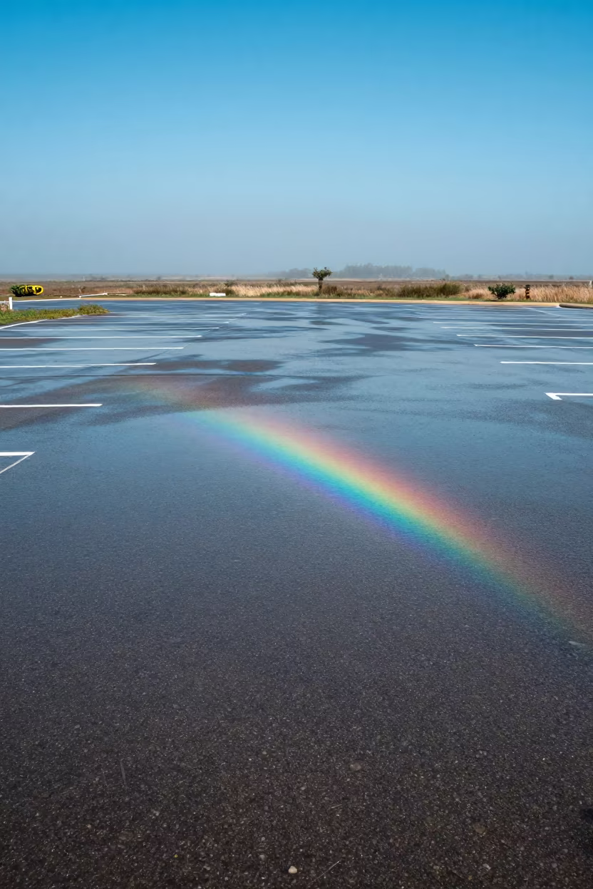 Rain Puddle Oil Slick Rainbow Mongu in through low marine fog near Mongu