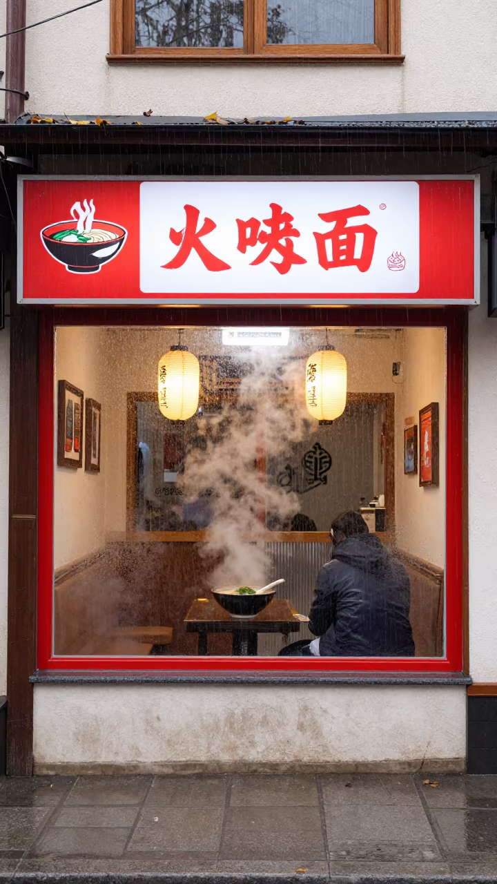 Rain on Ramen Shop Window in Konya in outside a lit retail frontage after dark in Konya