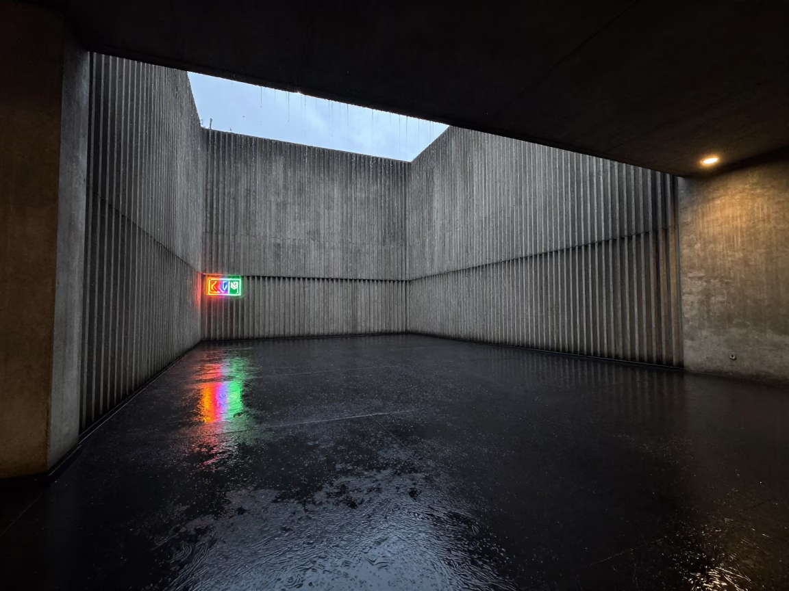 Rain Reflections on Black Water in Bogota Lobby in inside a ribbed concrete lobby in Bogota