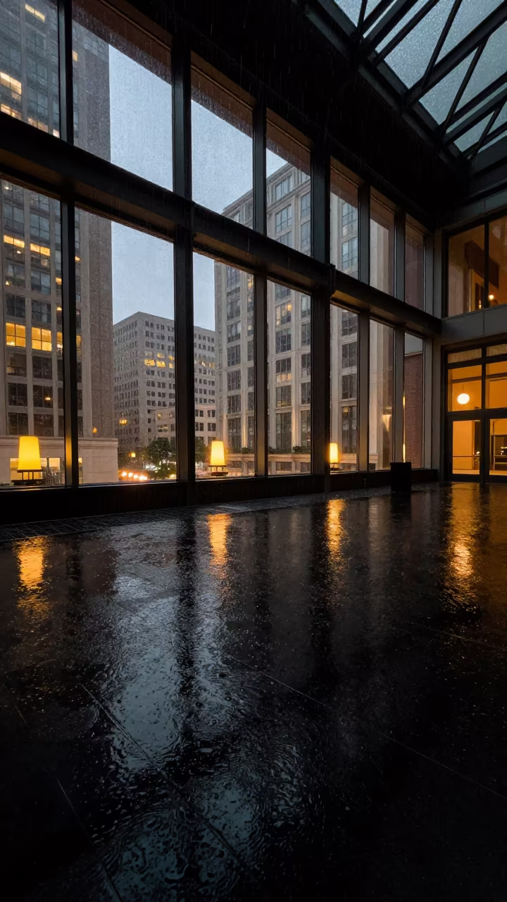Rain Reflections on Black Water in Houston Atrium in inside a vaulted atrium near Houston