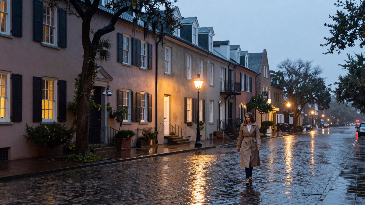 Rain Reflections in Charleston at Dusk Light in in Charleston, South Carolina, United States