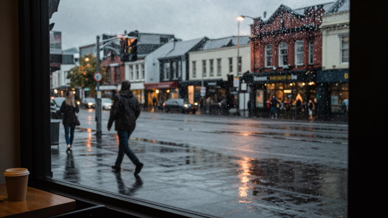 Rain Reflections in Christchurch at Dusk Light in in Christchurch, New Zealand