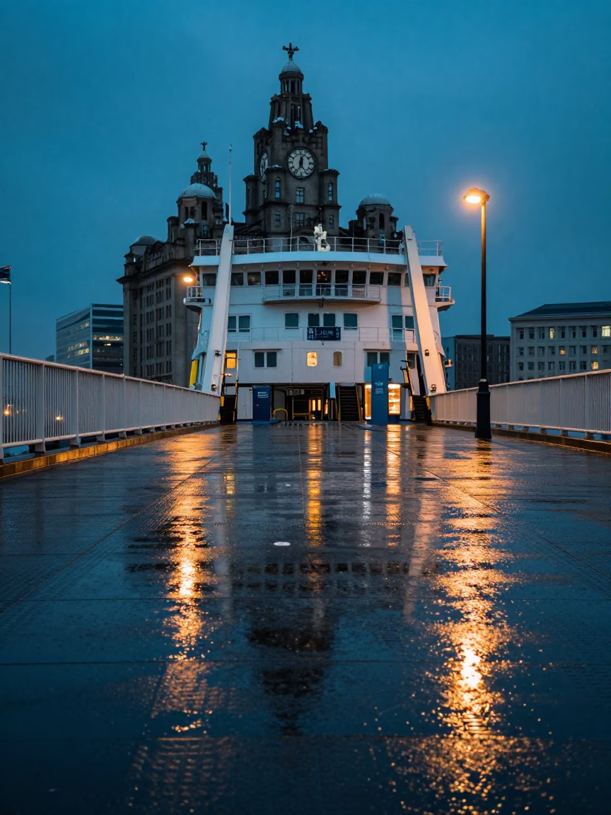 Rain Reflections in Liverpool at The Last Blue Light Of Evening in in Liverpool, United Kingdom
