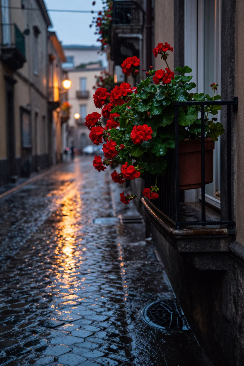 Rain Reflections in Naples at Dusk Light in in Naples, Italy