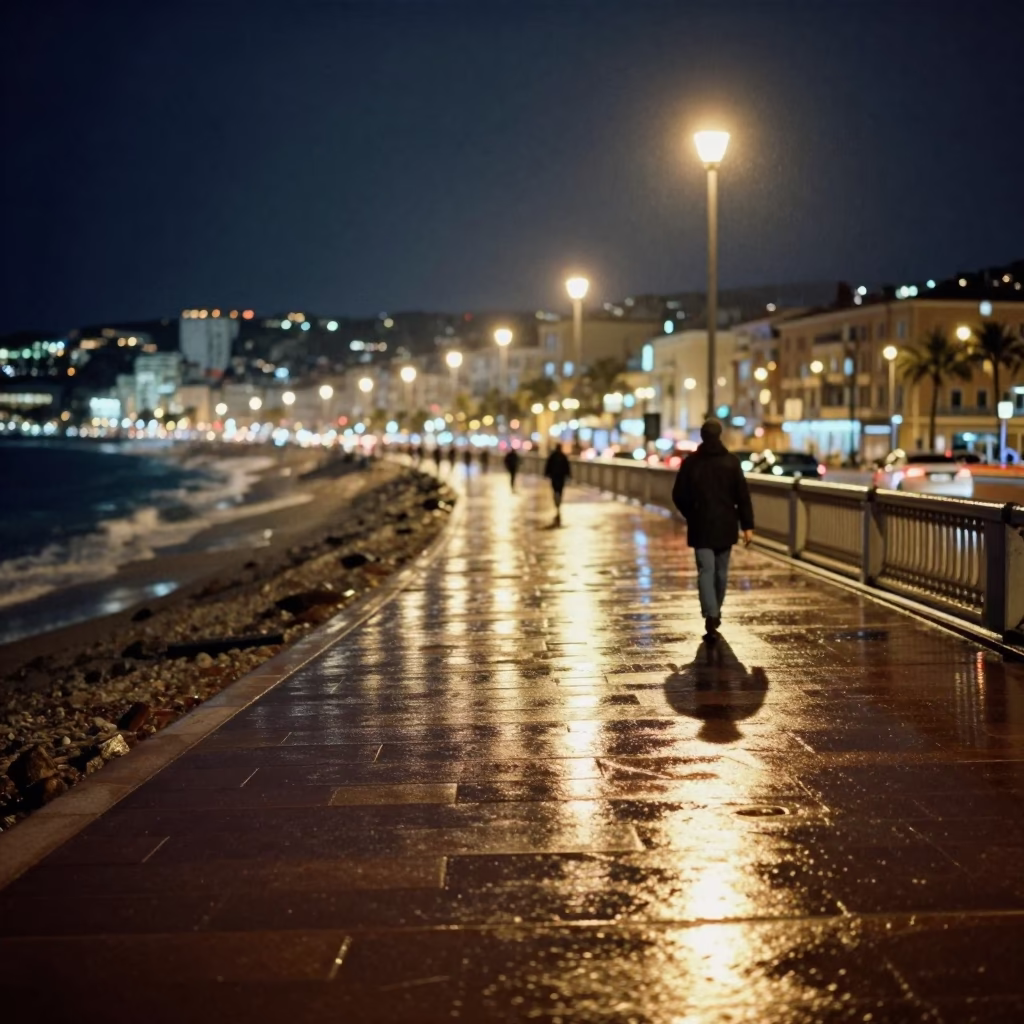 Rain Reflections in Nice at Late At Night Light in in Nice, France